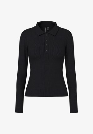 Svart ribbad långärmad polo med krage, treknäppt knappslå och en kroppsnära silhuett. Stretchigt tyg med lätt textur.
