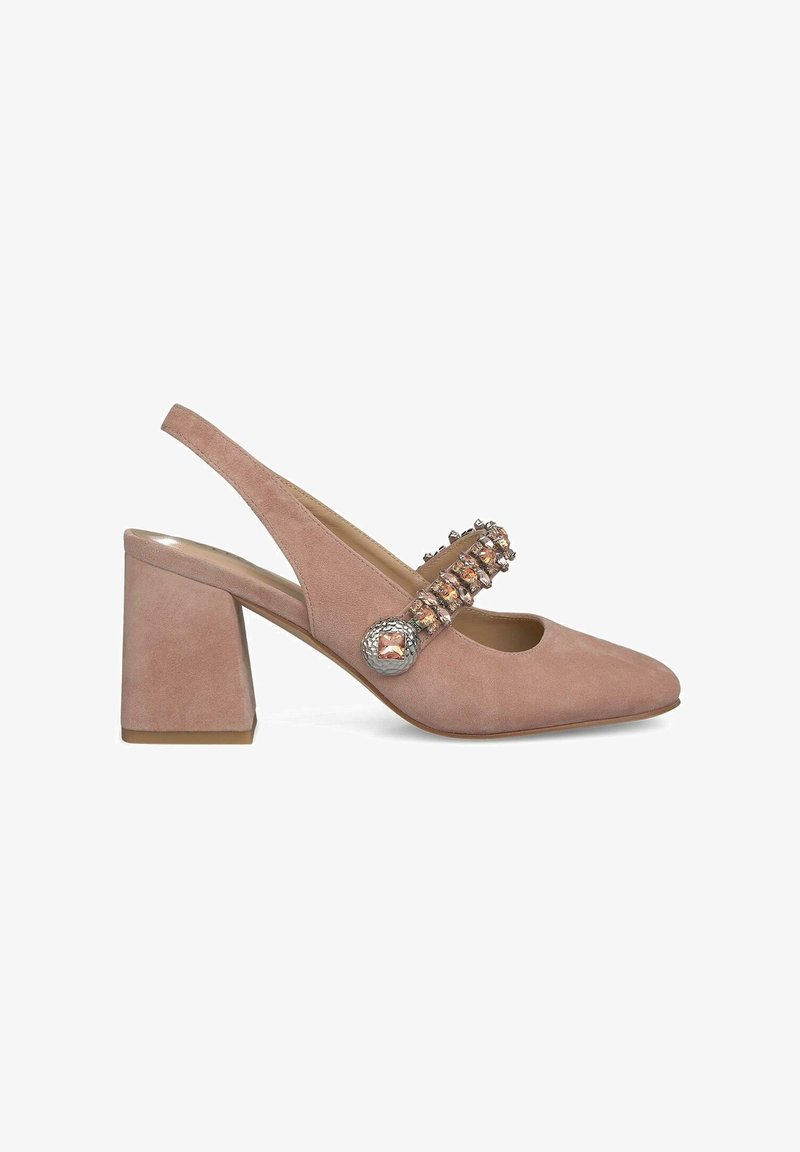 Pink suede slingback shoe with a chunky heel, features a decorative strap with embellishments and a rounded toe.