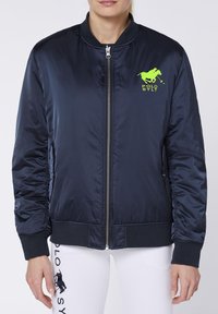 Navy bomber jacket made of shiny nylon with a front zipper, ribbed cuffs, and a neon green polo logo on the left chest.