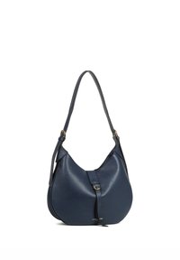 Donkerblauwe leren schoudertas met een gebogen ontwerp, voorzien van een enkele riem en een sluiting met goudkleurige hardware. Soepele textuur.