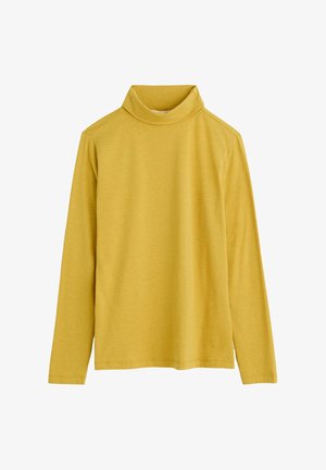 Żółta bluzka z długim rękawem i golfem, wykonana z miękkiej tkaniny o eleganckim kroju i wysokim dekolcie. Charakteryzuje się luźnym fasonem i prostym dołem.