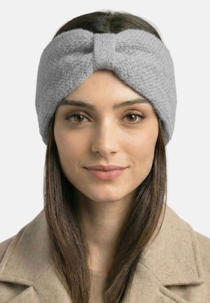 Grau gestricktes Stirnband mit gedrehtem Knoten-Design, das eine weiche Textur und eine enge Passform aufweist, geeignet für Wärme und Stil.