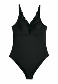Black bodysuit featuring lace trim along the deep V-neckline, adjustable straps, and a smooth, soft texture. Classic fitted design.