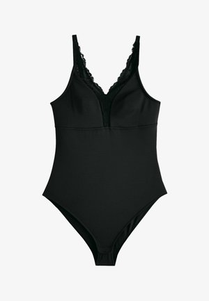 Must musta, millel on pitsist ääris sügava V-kaeluse juures, reguleeritavad rihmad ja sile, pehme tekstuur. Klassikaline läikiv disain.