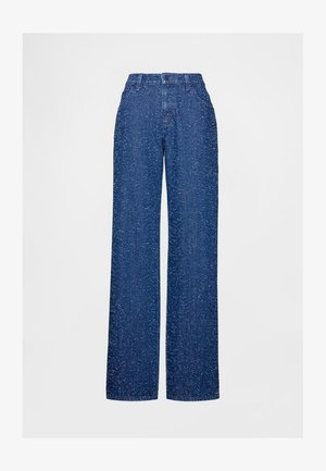 Jeans de ganga azul de perna larga com cintura alta, apresentando uma superfície texturizada e design clássico de cinco bolsos.