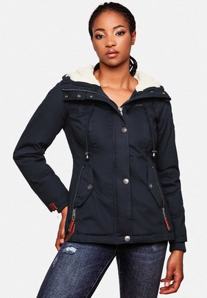 Navy jacket with a faux fur-lined hood, zip and snap closures, front pockets, and contrasting accents. Smooth fabric with a tailored fit.