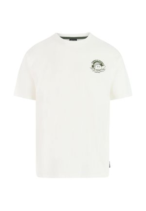 Witte katoenen t-shirt met een ronde hals, korte mouwen en een groene bedrukte afbeelding op de linkerborst van een figuur met vleugels.