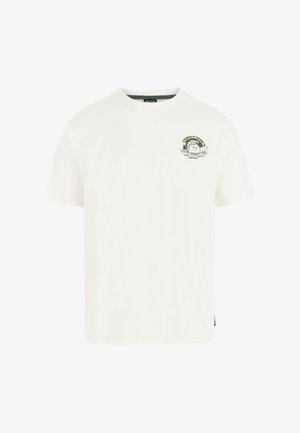 T-shirt en coton blanc avec col rond, manches courtes, et un motif imprimé vert sur le côté gauche de la poitrine représentant un personnage avec des ailes.