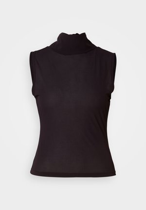 Top preto sem mangas com gola alta, feito de material suave com um corte ajustado e textura lisa. Apresenta uma gola alta e sem fechos visíveis.