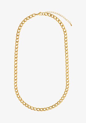 Collana in metallo dorato con catena a maglie ovali intrecciate, finitura liscia e chiusura con gancio regolabile.