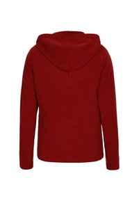 Felpa rossa in pile con maniche lunghe e cappuccio con cordino. Texture liscia, colore uniforme, senza motivi o accessori visibili.