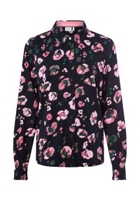 Black button-up shirt with a floral pattern in pink and green. Features long sleeves with gathered cuffs and a soft fabric texture.