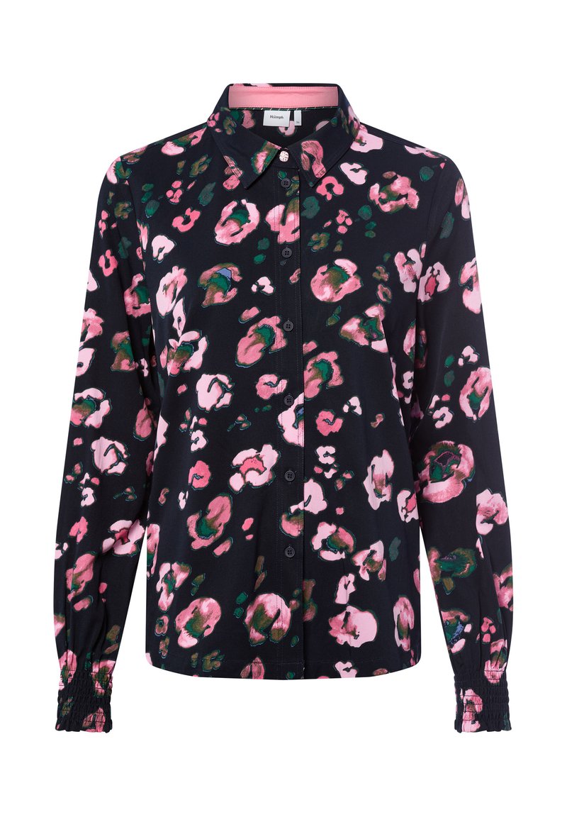 Black button-up shirt with a floral pattern in pink and green. Features long sleeves with gathered cuffs and a soft fabric texture.