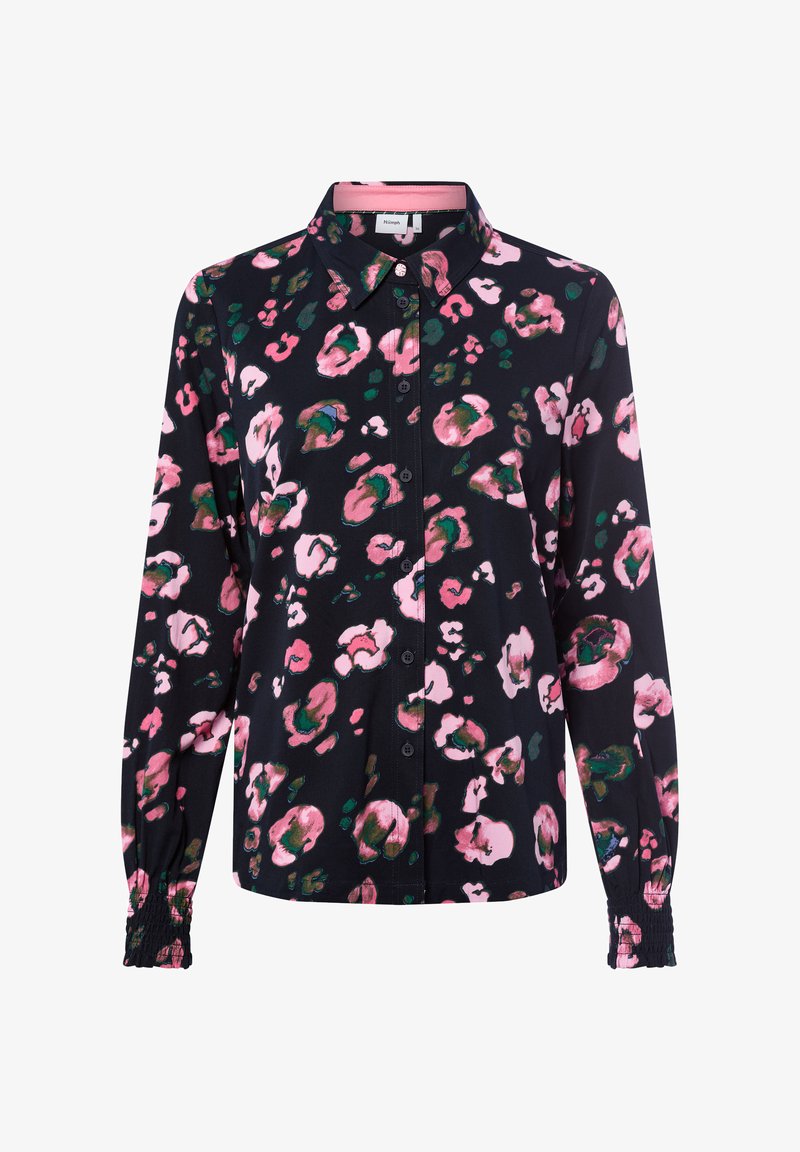 Black button-up shirt with a floral pattern in pink and green. Features long sleeves with gathered cuffs and a soft fabric texture.