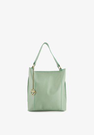 Miętowa skórzana torebka o strukturalnym designie, z paskiem na ramię i złotymi akcentami. Posiada teksturowane wykończenie i boczne szwy.