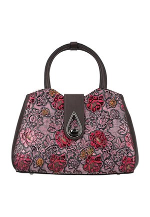 Borsa a mano marrone scuro con motivi floreali in rilievo rossi, rosa e arancioni, manici curvi e chiusura frontale con dettaglio a goccia.