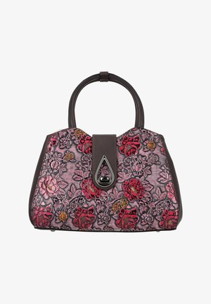 Geantă de mână maro închis cu modele florale roșii, roz și portocalii în relief, mânere curbate și închidere frontală cu detaliu sub formă de picătură.