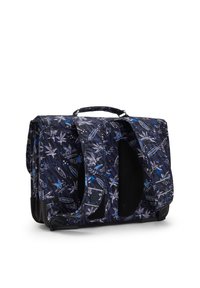 Bolsa mensajera de color azul oscuro con un patrón floral, que cuenta con dos bolsillos laterales, una asa de transporte y un acabado de tela texturizada.