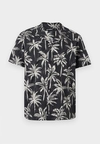 Μαύρο κοντομάνικο πουκάμισο με κουμπιά, λευκό σχέδιο με φοίνικες, μοντέρνα γραμμή και κλασικό γιακά.