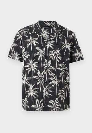 Fekete, rövid ujjú, gombos ing fehér pálmafás mintával, modern szabású és klasszikus gallérral.