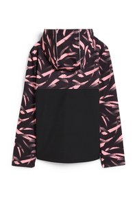 Hooded jacket in black with pink abstract brushstroke pattern. Features a solid black lower panel and smooth fabric texture.
