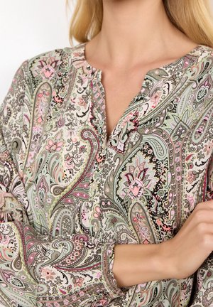 Long-sleeve shirt with a notch collar, featuring a pastel paisley pattern in green, pink, and black. Soft, lightweight fabric with buttons.