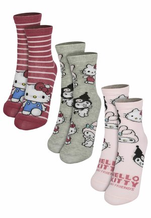 Three pairs of ankle socks featuring Hello Kitty and friends in various colors and patterns including stripes, gray character prints, and pink text.