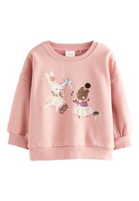 Felpa rosa con un coniglio e un orso in tutù, decorata con stampe floreali e a tema natura. Tessuto morbido con polsini a coste.
