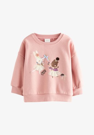 Roosa pusaga dressipluus, millel on jänes ja karu tutudes, kaunistatud lille- ja loodusteemaliste tegelistega. Pehme kangas koos soonikkoes mansettidega.