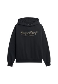 Felpa nera con cappuccio in cotone, caratterizzata da un logo frontale in lettering metallico. Maniche lunghe con polsini e orlo a coste.