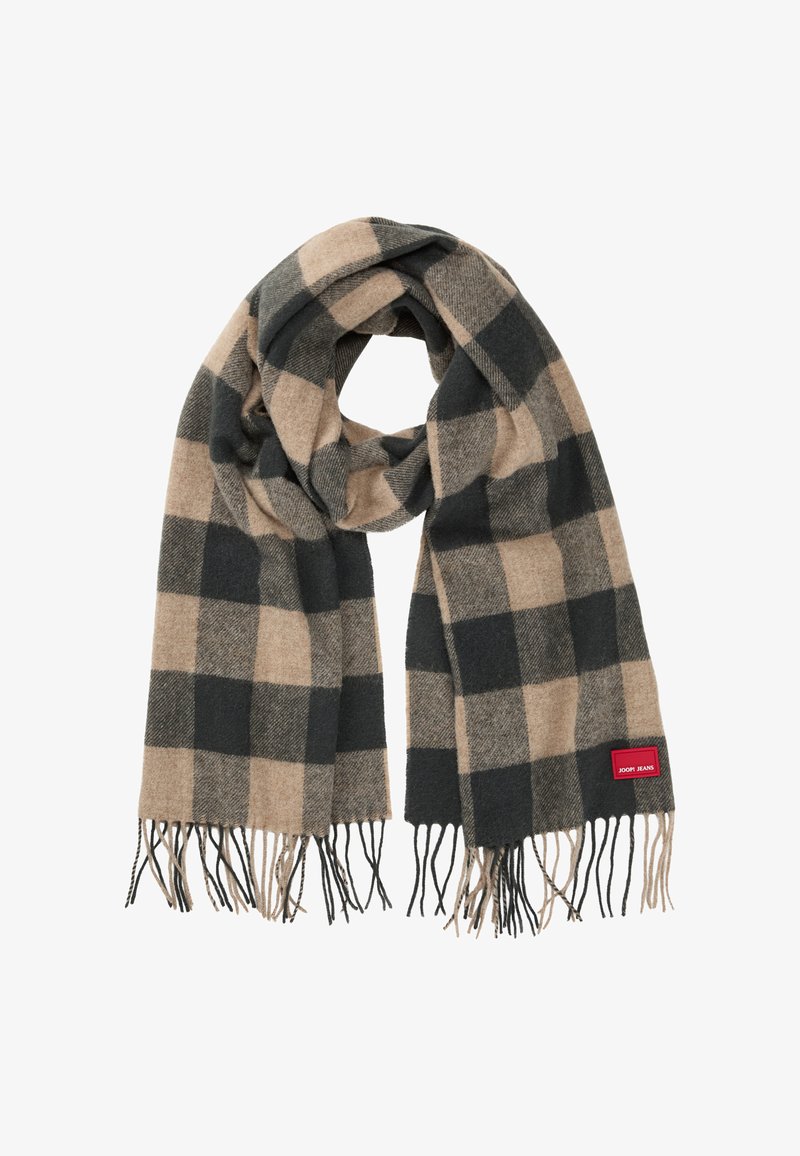 Wollen sjaal in zwart en beige ruitpatroon met franjes aan de uiteinden. Rode label met merknaam zichtbaar aan één kant. Zachte textuur.