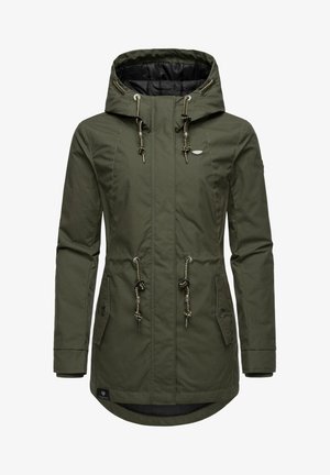 Olive green park jacket with a hood, drawstring waist, two front pockets, and a textured interior lining. Features metallic accents and zippers.