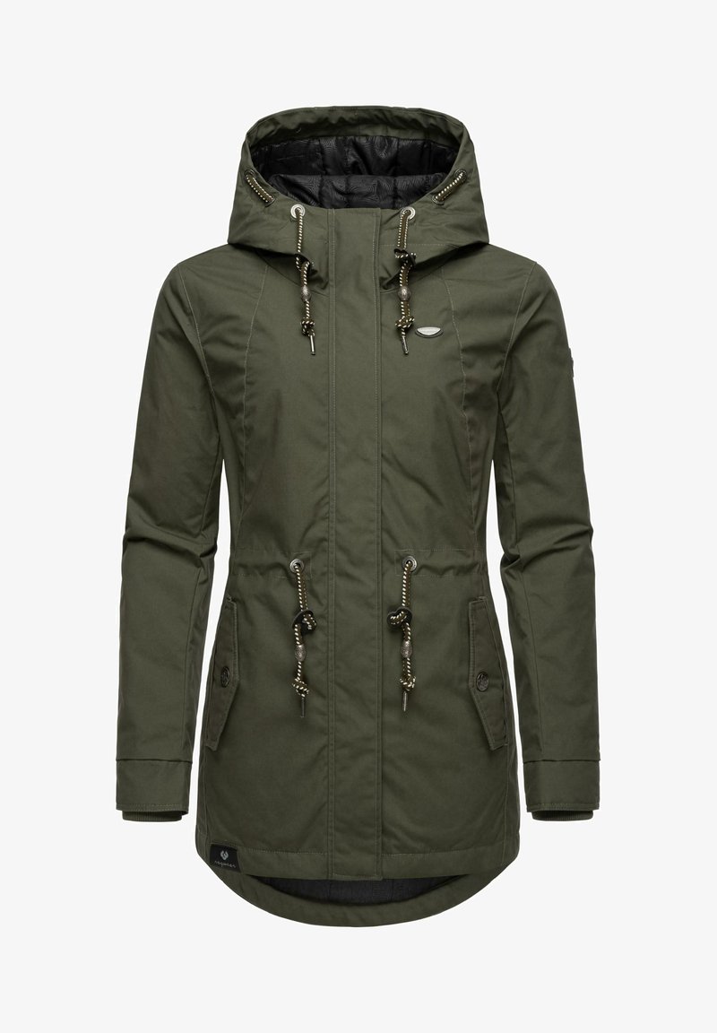 Olivengrüne Parkajacke mit Kapuze, Kordelzug in der Taille, zwei vorderen Taschen und einem strukturierten Innenfutter. Mit metallischen Akzenten und Reißverschlüssen.