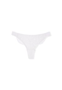 String en dentelle blanche avec un motif floral, ceinture élastique mince et couverture minimale. Dentelle texturée avec un détail en bordure festonnée.