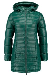 Chaqueta acolchada verde con cierre frontal, patrón acolchado, capucha y cordón ajustable. Acabado liso y brillante; mangas largas y longitud a mitad del muslo.