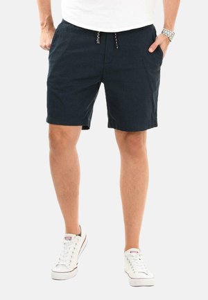 Navy blue shorts with an elastic waistband and drawstring, featuring two side pockets and a relaxed fit, made from breathable fabric.