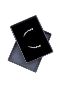 Orecchini d'argento disposti in una linea curva all'interno di una scatola foderata in velluto nero. Ogni orecchino presenta un accento di cristallo rotondo.
