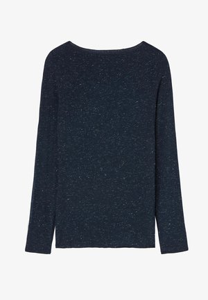 Langärmliges Oberteil aus dunkelblauem, gesprenkeltem Stoff mit weitem Ausschnitt und lockerer Passform, mit geraden Nähten und minimalen Akzenten.