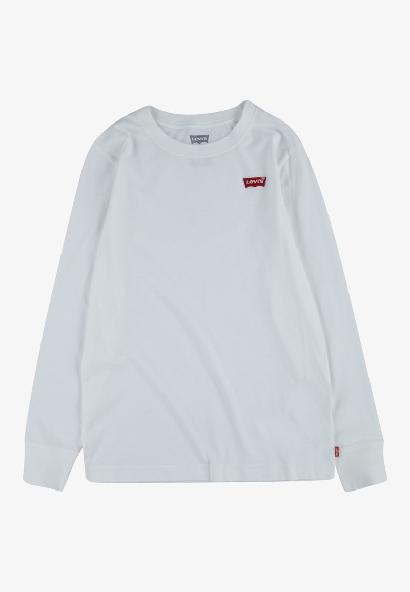 T-shirt bianca a maniche lunghe in cotone, con un piccolo logo rosso di Levi's sul petto e polsini a coste. Design semplice e scollatura rotonda.