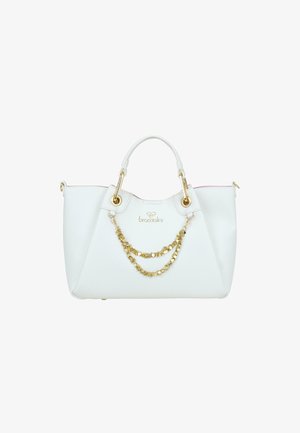 Borsa a mano bianca con decorazione a catena dorata, doppi manici e logo "braccialini" centrato sotto i manici.