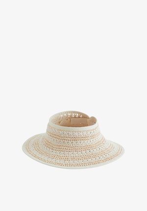 Beezhi ja valge punutud päikevari laia äärise ja reguleeritava tagumise rihmaga, mõeldud välitingimustes päikese eest kaitsmiseks.