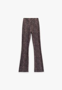 Leopard print flared leggings made from stretchy fabric, featuring a high waistband and smooth texture in shades of brown and black.
