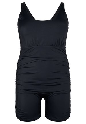 Czarny jednoczęściowy kostium kąpielowy z okrągłym dekoltem, marszczoną talią i krótkimi nogawkami. Wykonany z elastycznego materiału o gładkiej teksturze.