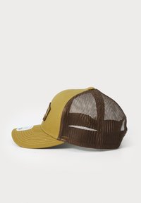 Brown and mustard-colored cap with a solid front and mesh back. Features a curved brim and a sewn patch on the front.