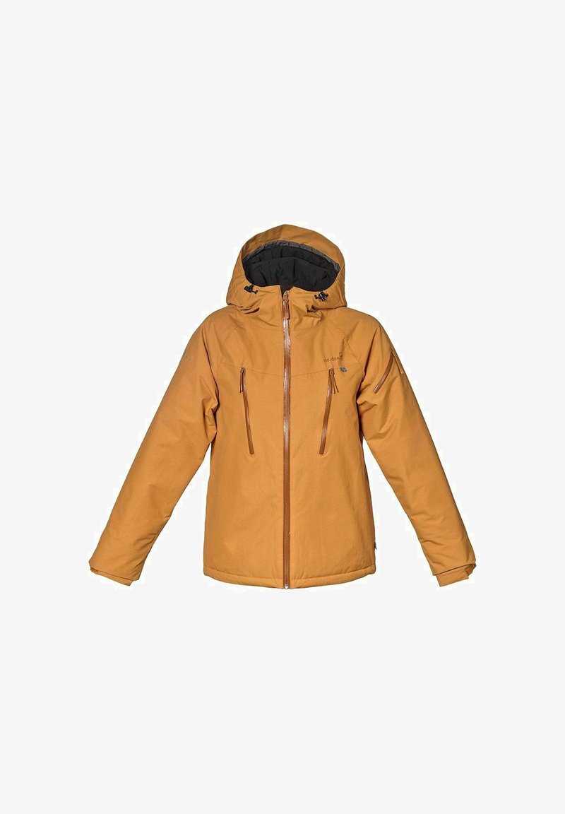 Brun isolerad jacka med huva. Har två fickor framtill med dragkedja, en fullängdsdragkedja och elastiska ärmslut. Svart foder inuti.