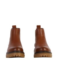 Brown leather chelsea boots with a smooth texture, elastic side panels, and a rubber sole featuring a patterned tread design.