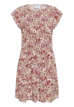 Robe à manches courtes à imprimé floral avec des couleurs rose, rouge et marron, featuring un col rond et une taille légèrement froncée.