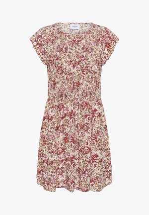 Robe à manches courtes à imprimé floral avec des couleurs rose, rouge et marron, featuring un col rond et une taille légèrement froncée.