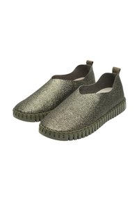 Gray slip-on shoes with a textured, shiny upper and a flexible rubber sole featuring a ridged pattern. No visible laces or hardware details.