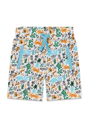 Weiße Shorts für Kinder mit blauem Kordelzug, blau abgesetzten Taschen, bedeckt mit bunten Kritzeleien, darunter "GUESS", Krabben, Palmen und Flaschen.
